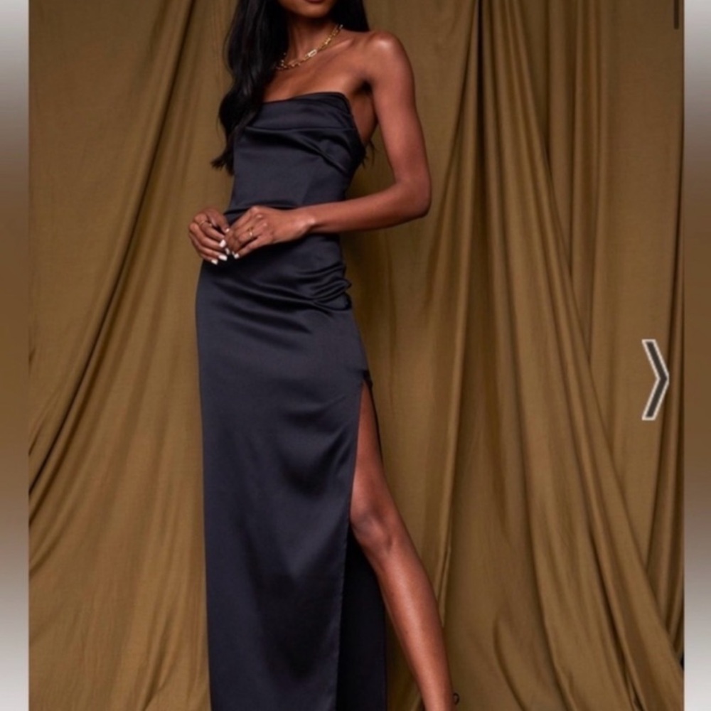 12th Tribe Black Strapless Satin Maxi Dress with Side Slit